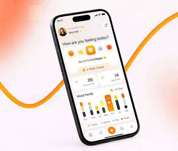 A smartphone displaying a mood-tracking app with a greeting, emoji mood selector, happiness score, streak counter, and weekly mood trend chart in warm orange tones.