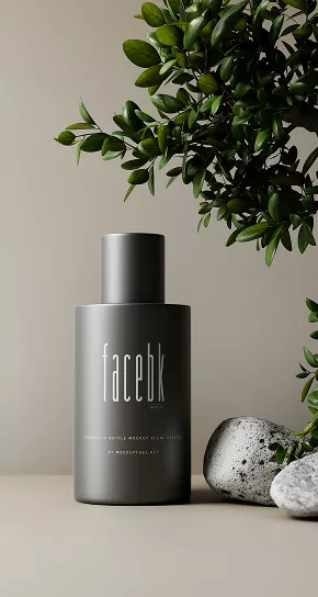 Matte grey cosmetic bottle standing next to a small tree and stones.